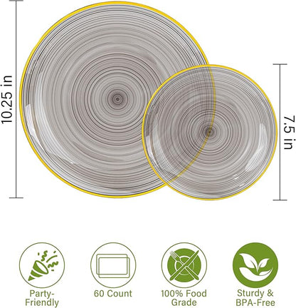 Morejoy 100Pcs Black Plastic Plates,Black Disposable Plates With Gold Rim,Heavy-duty Gold Plate, Modern swirl design Plate Include 50Clear Dessert-plates,50Dinner-plates for Party,New Year