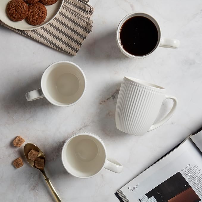 Tabletops Gallery 4 Piece Embossed White Chip Resistant Porcelain Mug Set | - Image 3
