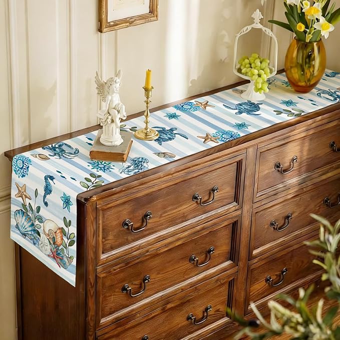 Summer Ocean Beach Shells Table Runner Watercolor Sea Turtle Burlap Table - Image 7