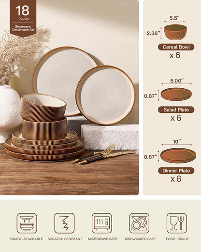 Dinnerware Set for 6, Ceramic Ribbed Plates, Dishes | 18-Piece Stoneware Dinner - Image 7