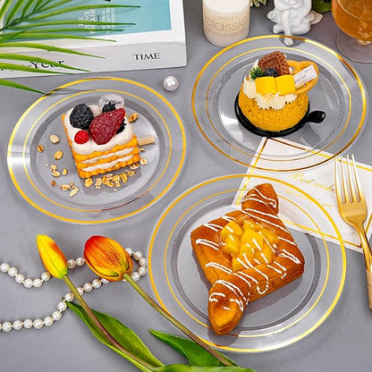 I00000 60PCS Clear Gold Dessert Plates, Clear Plastic Plates with Gold Rim 7 Inch, Fancy Disposable Wedding Plate Heavy Duty for Birthday, Wedding & Party