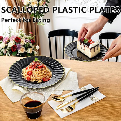 Ciaell 175 PCS Black Scalloped Plastic Plates with Gold Trim - Black Plastic Silverware with Handle - Fancy High-End Dinnerware Sets for Wedding & Party