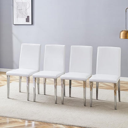White Dining Chairs Set of 4,Faux Leather with Chrome Plate Metal Legs,Armless Kitchen Room Chairs Set of 4,Max Load 300 Lbs,High Back Modern Design for Home Kitchen Living Room Bedroom