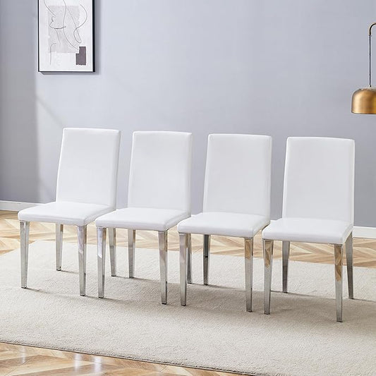 White Dining Chairs Set of 4,Faux Leather with Chrome Plate Metal Legs,Armless Kitchen Room Chairs Set of 4,Max Load 300 Lbs,High Back Modern Design for Home Kitchen Living Room Bedroom