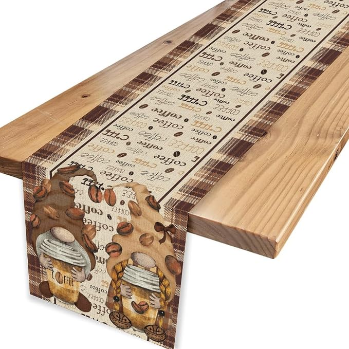 Coffee Time Table Runner, Farmhouse Retro Brown Plaid Gnomes Cafe Cup Theme - Image 4