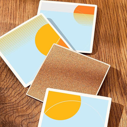 MAYCARI Abstract Sun Coasters Set of 6 Cork Backed Artistic Coasters with Metal Holder Minimalist Aesthetic Ceramic Surface Drink Cup Mats for Tabletop Protection Modern Desk Decoration Birthday Gifts
