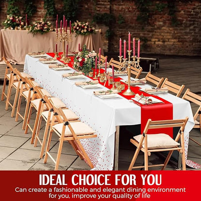 Breling 24 Pack White and Red Disposable Plastic Tablecloths and Satin Table Runner Set, 54 x 108 Inch Tablecloth, 12 x 108 Inch Table Runners for Wedding Graduation Birthday Baby Shower
