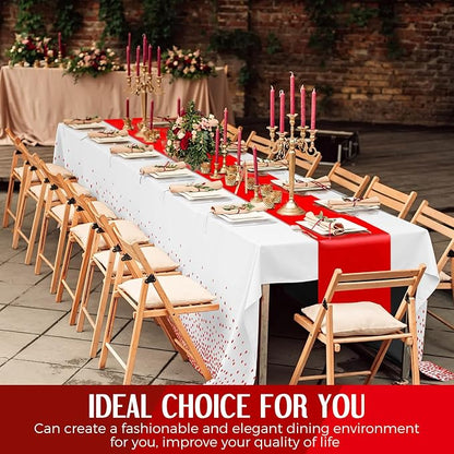 24 Pack White and Red Disposable Plastic Tablecloths and Satin Table Runner Set - Image 5