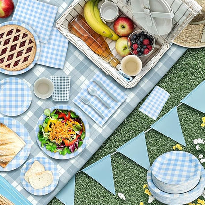 180Pcs Blue Gingham Party Supplies Paper Plates and Napkins Serve 60 - Image 4