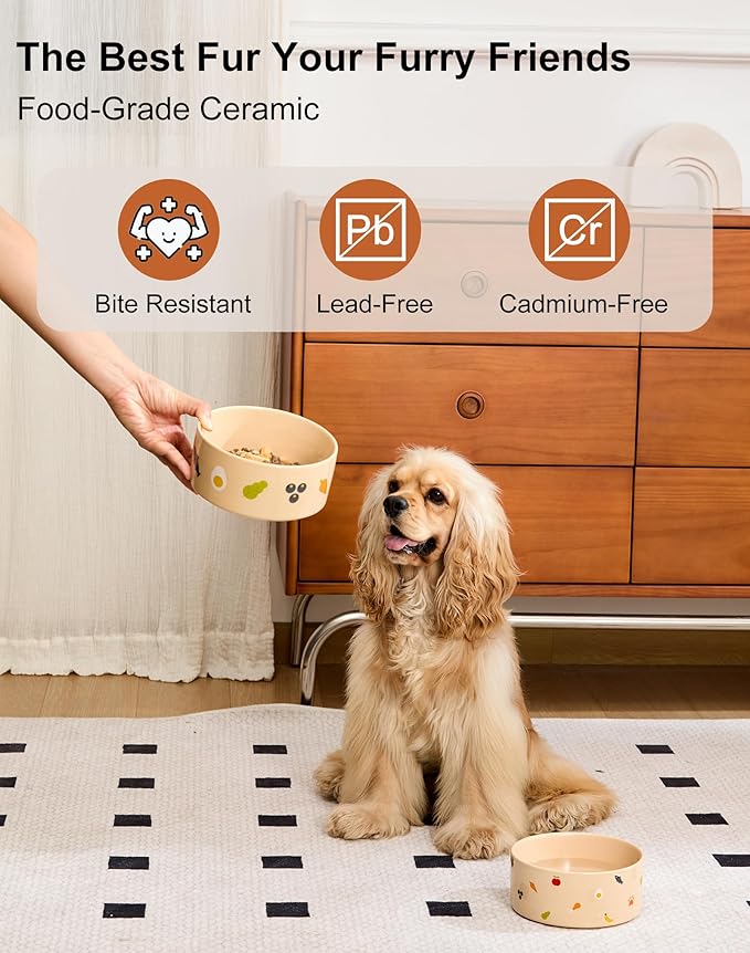 Ceramic Dog Bowl Set of 2 with Weighted Non-Slip Ring-3.3 Cups, Stoneware Food and Water Set, Pet Feeding, Microwave and Dishwasher Safe-NomNom-M 2pcs