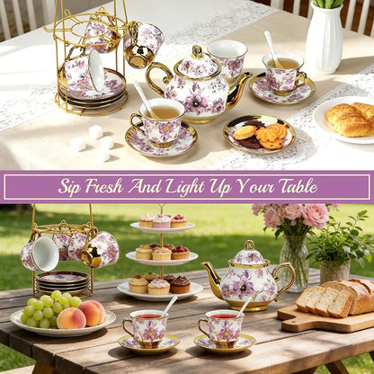 20 Pcs Porcelain Tea Set With Metal Holder, - Image 5