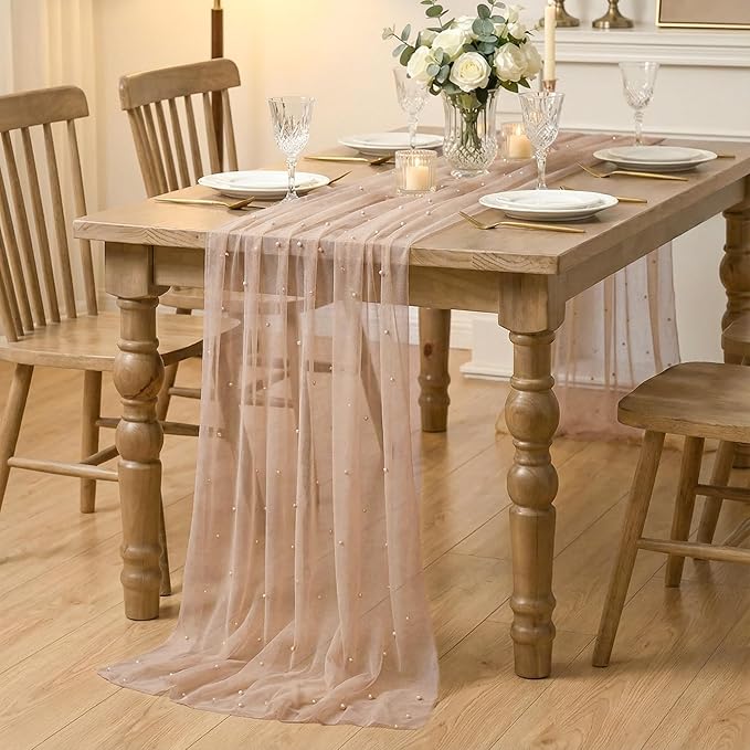 Artoid Mode Pearl Tan Gauze Table Runner 120 Inch 10FT, Seasonal Sheer Dining Holiday Wedding Birthday Baby Shower Table Decor for Home Party