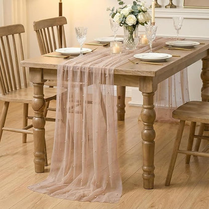 Artoid Mode Pearl Tan Gauze Table Runner 120 Inch 10FT, Seasonal Sheer Dining Holiday Wedding Birthday Baby Shower Table Decor for Home Party