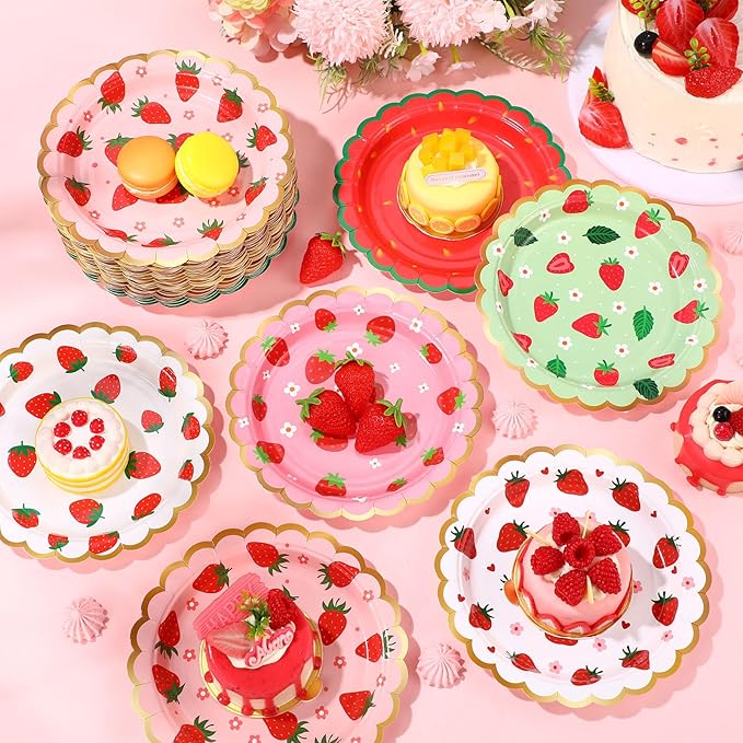 60 Pcs Strawberry Party Plates Berry First Birthday Disposable Flower Shaped Paper Plates 7 Inch Summer Fruit Dessert Dishes for Birthday Wedding Baby Shower Bachelorette Party Supplies