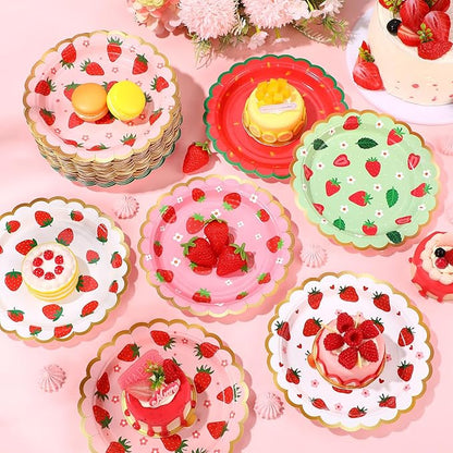60 Pcs Strawberry Party Plates Berry First Birthday Disposable Flower Shaped Paper Plates 7 Inch Summer Fruit Dessert Dishes for Birthday Wedding Baby Shower Bachelorette Party Supplies