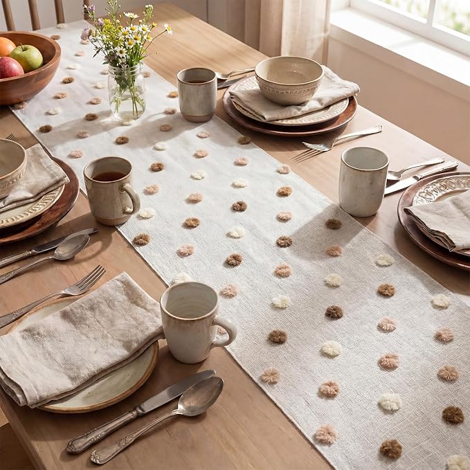 Artoid Mode Beige Coffee Brown Pom Pom Tulle Table Runner, Seasonal Washable - Image 4