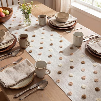 Artoid Mode Beige Coffee Brown Pom Pom Tulle Table Runner, Seasonal Washable - Image 4