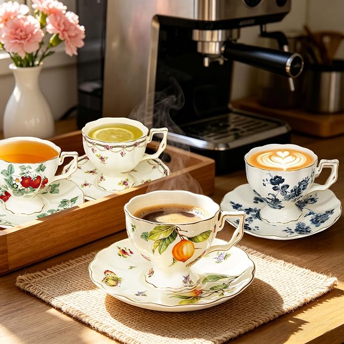 Tea Cups and Saucers Set, Porcelain Coffee Mugs, 8.4 OZ Vintage Coffee Cups - Image 6