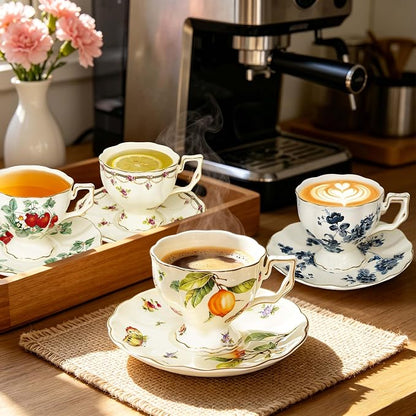 Tea Cups and Saucers Set, Porcelain Coffee Mugs, 8.4 OZ Vintage Coffee Cups - Image 6
