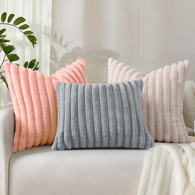 decorUhome Cozy Faux Fur Throw Pillow Covers 24x24 Set of 2 Decorative Soft Plush Striped Modern Farmhouse Boho Couch Euro Sham Pillow Cases with Velvet Back for Sofa Bed Living Room, Beige