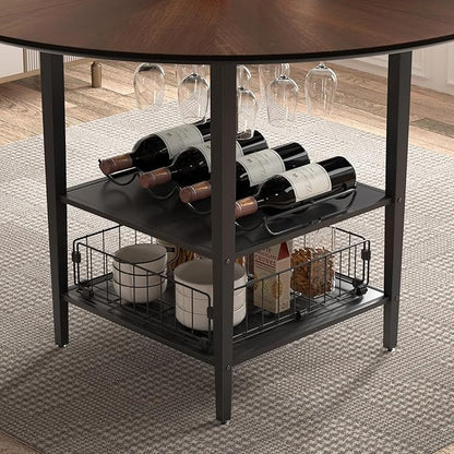 VFK 47" Round Kitchen Table Set with Storage Base & Metal Legs, 5-Piece Wooden Dining Set for 4 to 6 People, Includes 4 Upholstered Chairs for Dining Room, Living Room or Kitchen