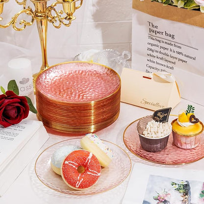 Rubtlamp 60 Pcs Pink Gold Plastic Plates, Gold Hammered Disposable Salad Plates, 7 Inch Disposable Dessert Platos, Plastic Dessert Appetizer Platos Perfect for Mother's Day