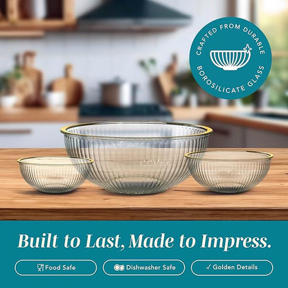COOK WITH COLOR 12 Pc Glass Mixing Bowl Set with Lids – Borosilicate Glass Nesting Bowls for Cooking, Baking and Meal Prep, Fluted with Gold Rim
