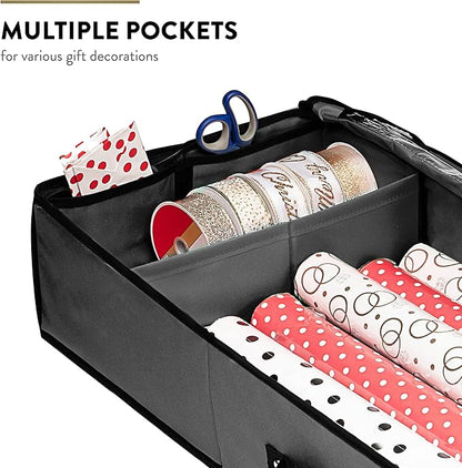 ZOBER Gift Wrapping Paper Organizer Storage - 40" Gift Wrap Storage Containers with Interior Pockets for Bows, Tags & Ribbons - Wrapping Paper Holder, 600D Oxford, Fits 24 Standard Rolls, Gray/Black