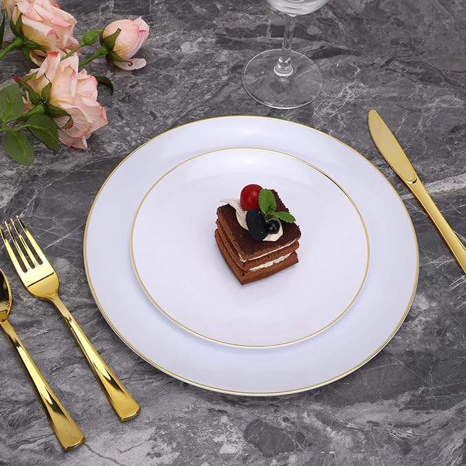 Moretoes 250PCS Gold Disposable Dinnerware Set, White and Gold Plastic Party Plates for 50 Guests, Includes 50 Dinner Plate,50 Dessert Plate,150 Gold Cutlery for Wedding & Party