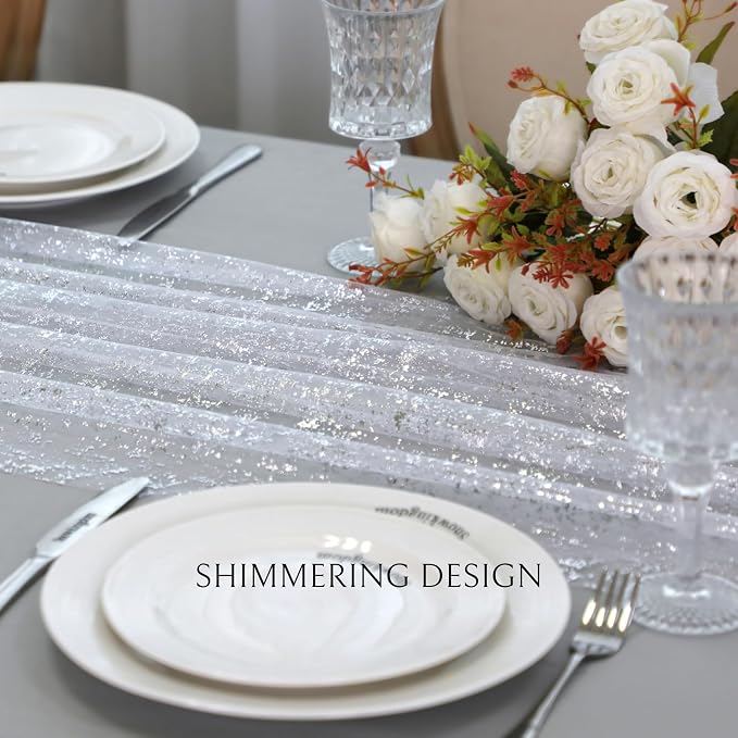 Snowkingdom 10 Pcs 10 FT Silver Table Runners, Sheer Chiffon Gauze Cheesecloth - Image 3