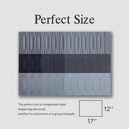 Placemats Set of 12 - Easy Clean Woven Vinyl Placemats for Dining Table, Indoor/Outdoor Place Mats, Washable PVC Table Mats （Silver Gray Black）