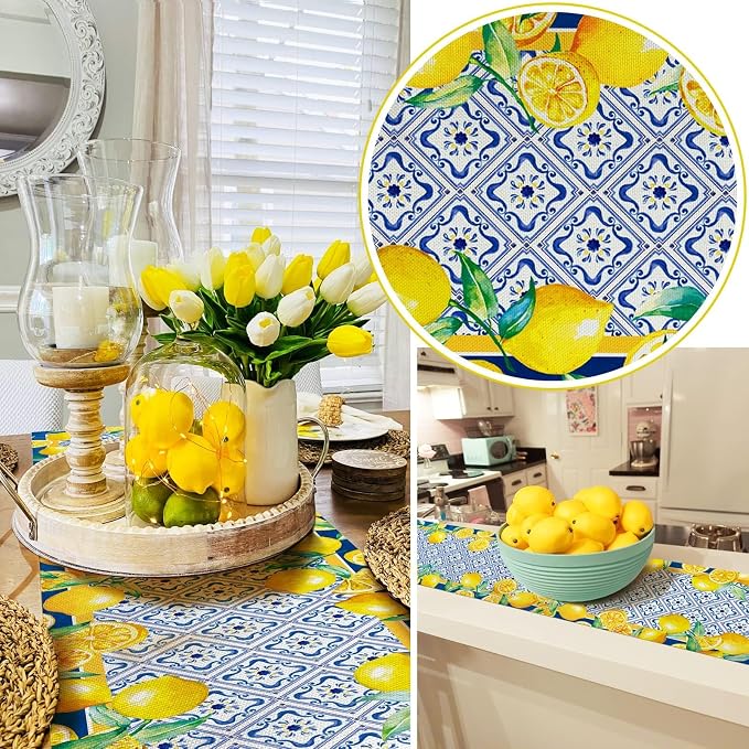 Capri Blue Lemon Table Runner Italy Tile Burlap Artificial Yellow Lemon Fruit - Image 3