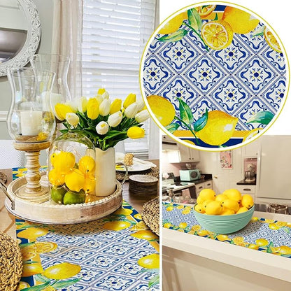 Capri Blue Lemon Table Runner Italy Tile Burlap Artificial Yellow Lemon Fruit - Image 4
