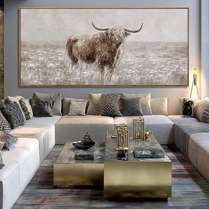 Extra Large Brown Highland Cow Canvas Wall Art with Framed Rustic Farmhouse Animal Posters Pictures Modern Country Style Wall Decor for Living Room Bedroom Office 40x88 Inch