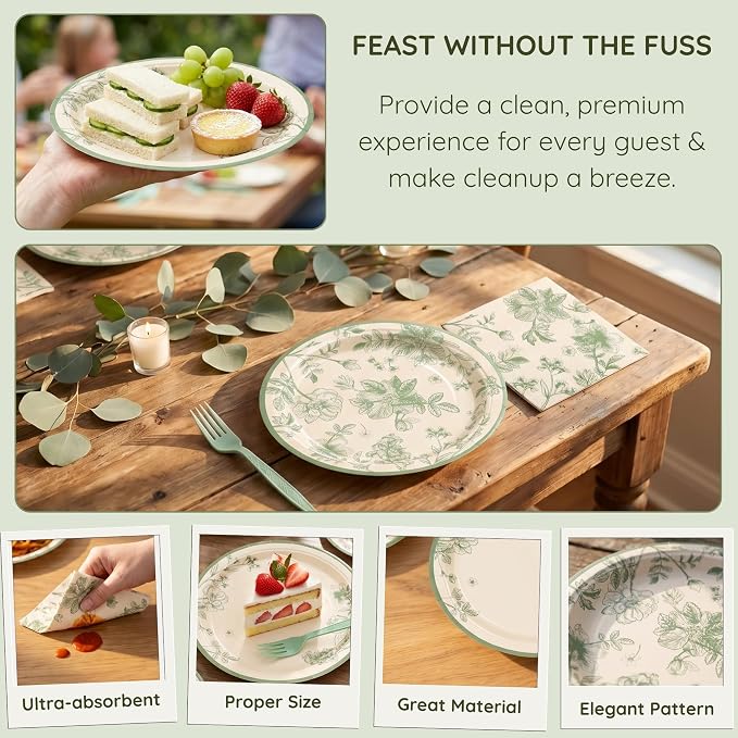 100 Pcs Disposable Sage Green Floral Tableware Set - Image 4