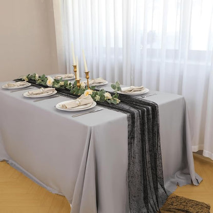 Snowkingdom Black Table Runner, 10FT Sheer Tulle Gauze Metallic Mesh Foil Table - Image 2
