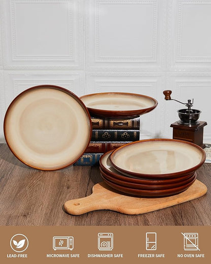 10 Inch Dinner Plates Set of 6, Stoneware Round Salad Dessert Plates, Serving Plates, Microwave & Dishwasher Safe, Brown and Yellow
