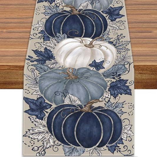 Fall Thanksgiving Table Runner Blue Vintage Pumpkin Maple Leaf Decorative | by Unknown