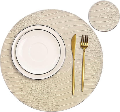 Jovono Round Leather Placemats for Round Tables Set of 8, Beige Place Mats and Coasters, Wipeable Waterproof Heat Resistant Table Mats Easy to Care for Indoor Decor 14 inch Diameter