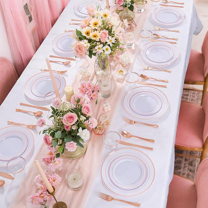 WELLIFE 450 PCS Rose Gold Disposable Dinnerware Set for 75 Guests, Mothers Day Plates, 75 Dinner & Salad Plate, Cups, Forks Knives Spoons for Wedding Reception and Valentine's Day