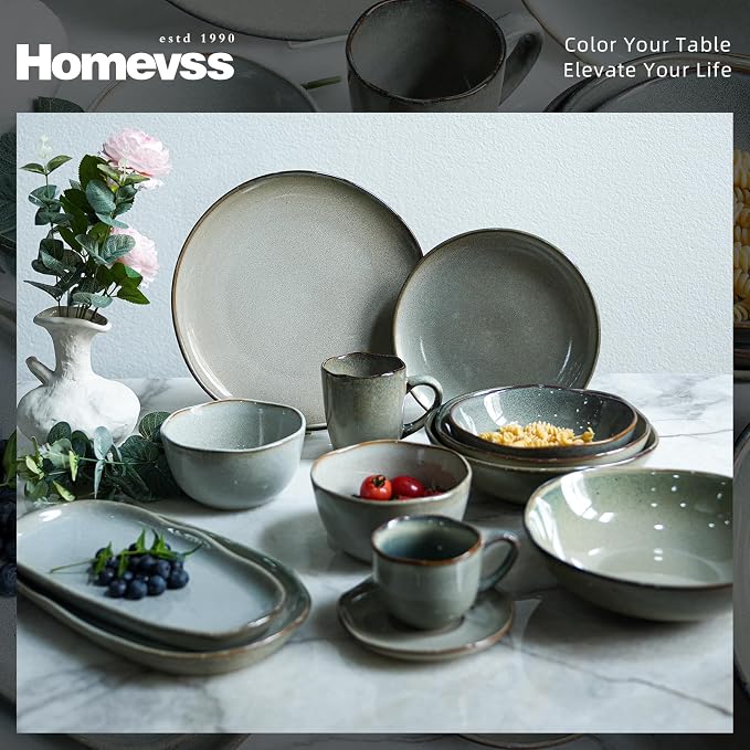 Highland 16pc Dinnerware Set, Unique Organic Shape Double Bowl, Stoneware Plate - Image 3