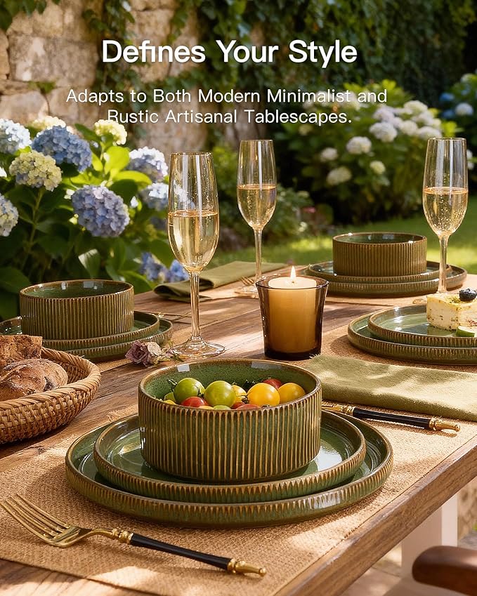 Dinnerware Set for 6, Ceramic Ribbed Plates, Dishes | 18-Piece Stoneware Dinner - Image 2