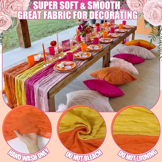12 Pcs Pink and Orange Cheesecloth Gauze Table Runners | Sunset Soiree Party - Image 6