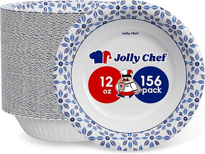 JOLLY CHEF 156 Count Paper Bowls 12 oz Soak Proof, Heavy Duty Printed Disposable Small Bowls Bulk for Dinner or Thanksgiving