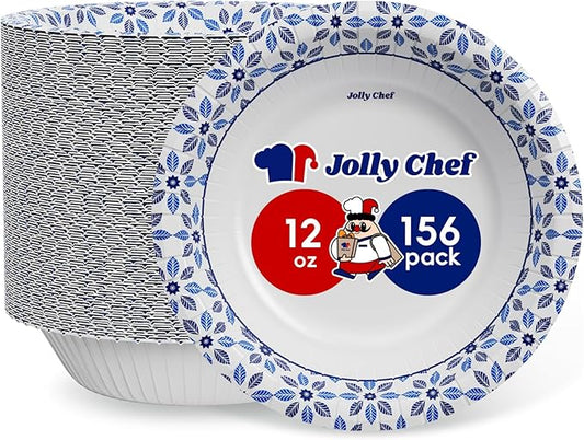 JOLLY CHEF 156 Count Paper Bowls 12 oz Soak Proof, Heavy Duty Printed Disposable Small Bowls Bulk for Dinner or Thanksgiving