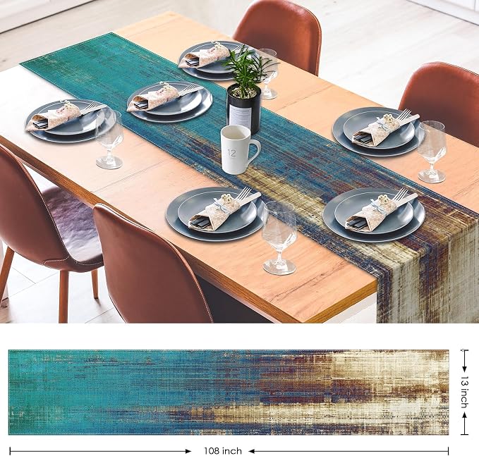 Emvency Table Runner, 13x72 Inch, Teal and Gold | Abstract Farmhouse Vintage - Image 3