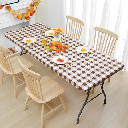 Smiry Rectangle Picnic Table Cloth, Elastic Waterproof Fitted Vinyl Tablecloths, Flannel Backed Buffalo Plaid Table Covers for Dining, Camping, Outdoor (White and Brown, 24" x 48")