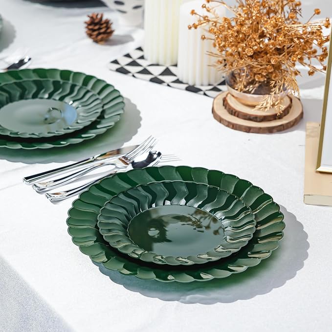 Lullaby 60PCS Green Scalloped Plastic Plates, Disposable Plates - Image 7