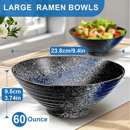 9.4Inch Ceramic Ramen Bowl Set of 2 (9 Piece) - Porcelain Japanese Salad Noodles Cereal Fruit Pasta Soup Large Bowls with Recipes Chopsticks Forks Spoons for Men Women Gift Microwave Dishwasher Safe