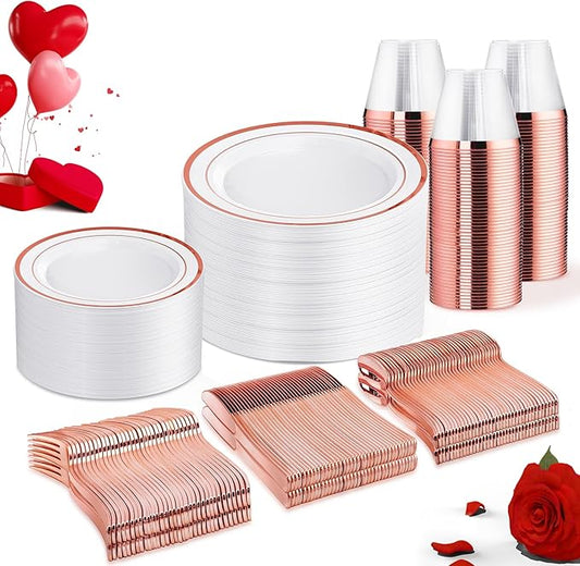 WELLIFE 450 PCS Rose Gold Disposable Dinnerware Set for 75 Guests, Mothers Day Plates, 75 Dinner & Salad Plate, Cups, Forks Knives Spoons for Wedding Reception and Valentine's Day